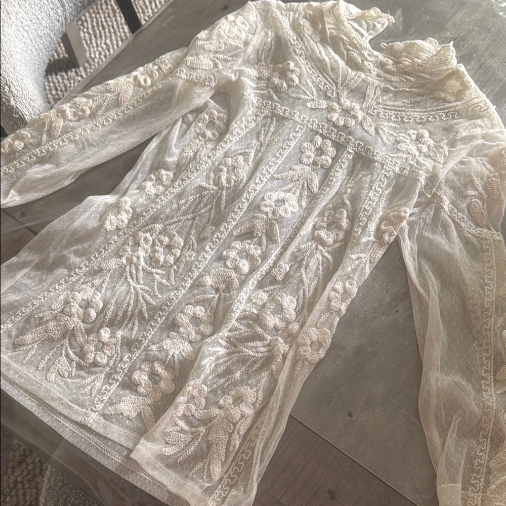 Sundance Cream Embroidered Lace Blouse with Mandarin Collar